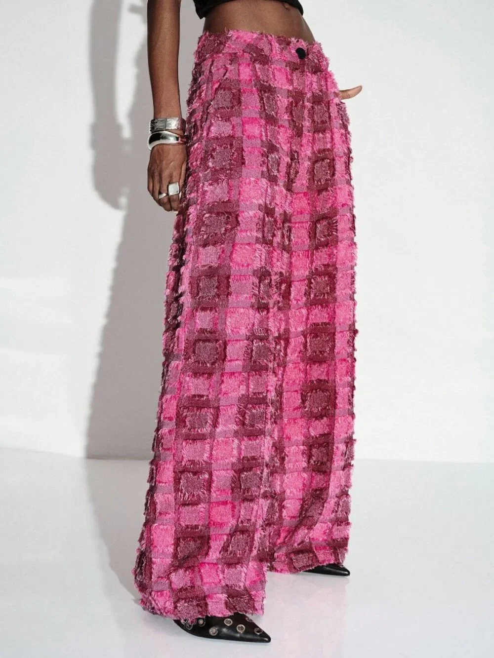 Hot Pink Party Women's Tassel Cut-Out Plaid Wide Leg Long Pants
